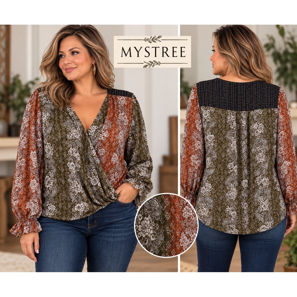 MYSTREE Buckle XL Olive Rust Floral Faux Wrap Blouse Boho Eclectic Earthy